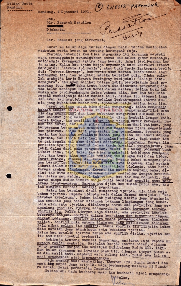 Surat untuk Pamusuk Eneste dari Wildan Yatim (4 Januari 1971)