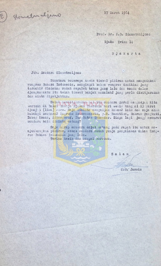 Surat dari H.B. Jassin untuk Slamet Muljono