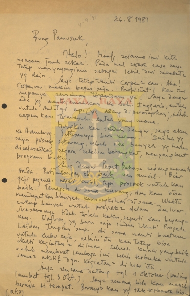 Surat tulisan tangan untuk Pamusuk Eneste dari Dami N. Toda (26 Agustus 1981)