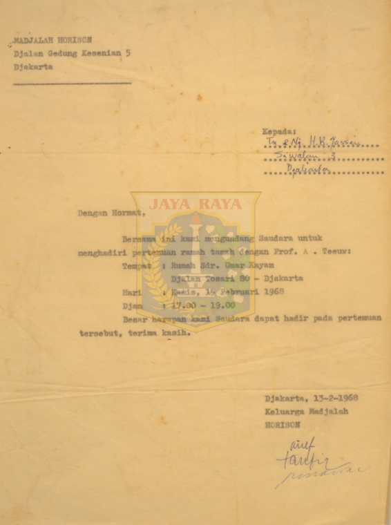 Surat undangan kepada hb Jassin dari Majalah Horison dan pertemuan dengan A. Teew