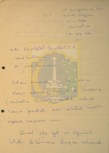 Surat tulisan tangan untuk Pamusuk Eneste dari Harry Aveling (11 September 1981)