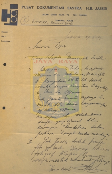 Surat tulisan tangan HB Jassin untuk Oyon Sofyan (21 Juni 1982)