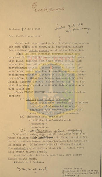 Kumpulan surat untuk Nh Dini dari Pamusuk Eneste tahun 1981