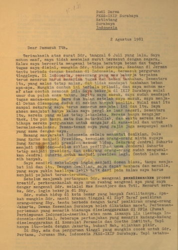 Kumpulan surat untuk Pamusuk Eneste dari Budi Darma (1981-1982)