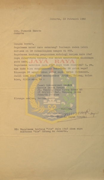 Surat untuk Pamusuk Eneste dari Korrie Layun Rampan (18 Februari 1982)