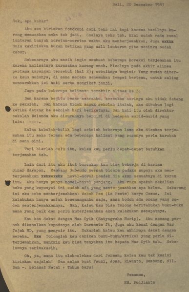 Kumpulan surat untuk Pamusuk Eneste dari HB Pudjianta tahun 1981