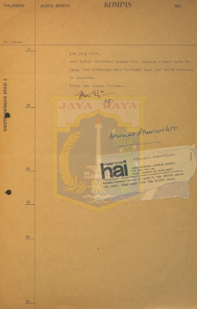 Surat untuk Pamusuk Eneste dari Arswendo Atmowiloto (26 November 1981)