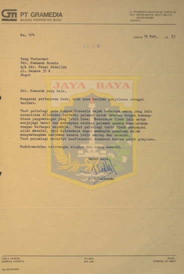 Surat untuk Pamusuk Eneste dari J. Adisubrata (10 November 1981)