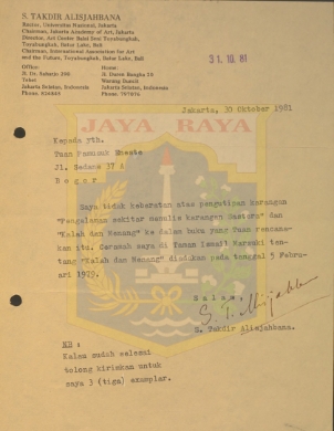 Surat untuk Pamusuk Eneste dari S. Takdir Alisjahbana (30 Oktober 1981)