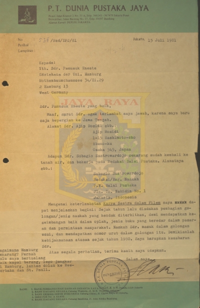 Kumpulan surat untuk Pamusuk Eneste dari Sugiarta Sriwibawa tahun 1981