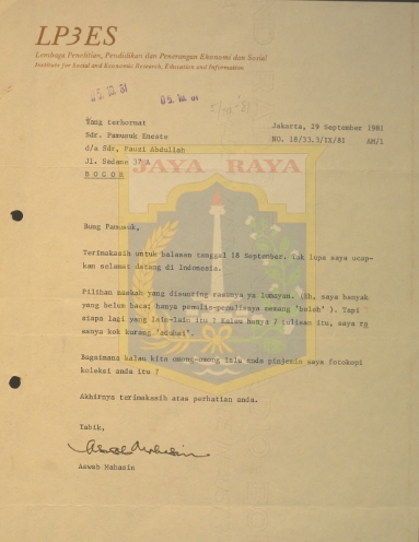 Surat-surat untuk Pamusuk Eneste dari Aswab Mahasin (9 & 29 September 1981)