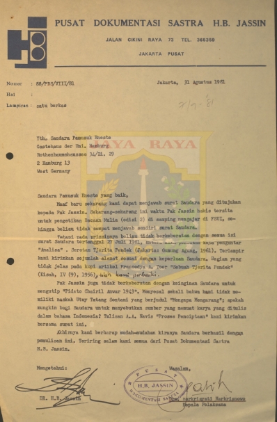 Surat untuk Pamusuk Eneste dari Harkrisyati Harkrisnowo (31 Agustus 1981)