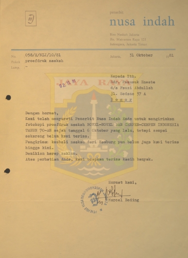 Surat-surat untuk Pamusuk Eneste dari Marcel Beding (7 September & 31 Oktober 1981)
