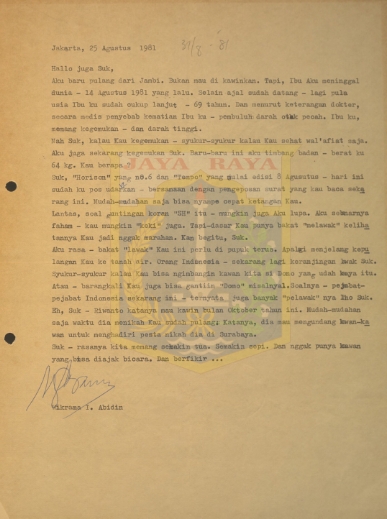Surat untuk Pamusuk Eneste dari Wikrama I. Abidin (25 Agustus 1981)