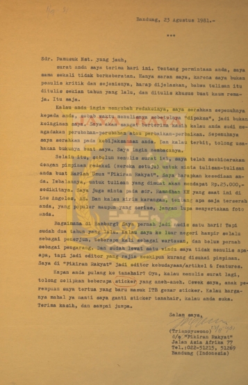 Surat untuk Pamusuk Eneste dari Trisnoyuwono (23 Agustus 1981)