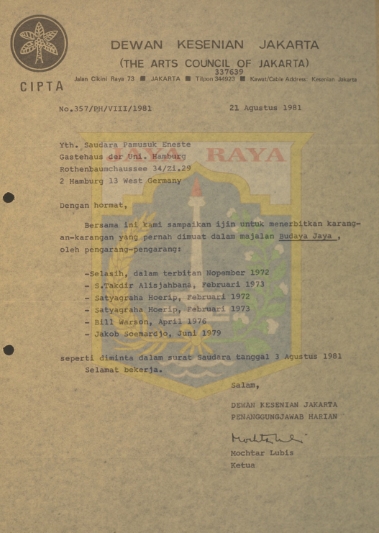 Surat-surat untuk Pamusuk Eneste dari Mochtar Lubis (21 Agustus 1981)