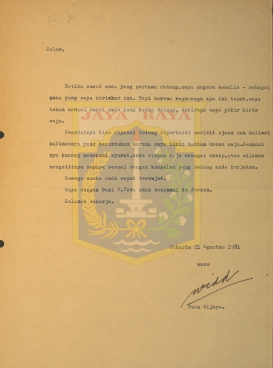 Surat untuk Pamusuk Eneste dari Putu Wijaya (21 Agustus 1981)