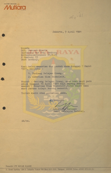 Surat-surat untuk Pamusuk Eneste dari Aristides Katoppo (3 April - 19 Agustus 1981)
