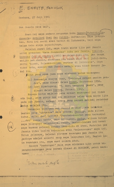 Surat untuk HB Jassin dari Pamusuk Eneste beserta beberapa lampiran (27 Juli 1981)