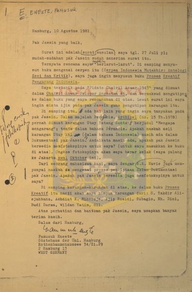 Surat untuk HB Jassin dari Pamusuk Eneste (10 Agustus 1981)