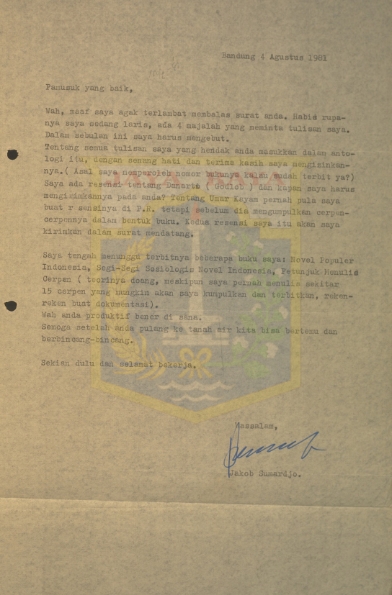 Surat untuk Pamusuk Eneste dari Jakob Sumardjo (4 Agustus 1981)