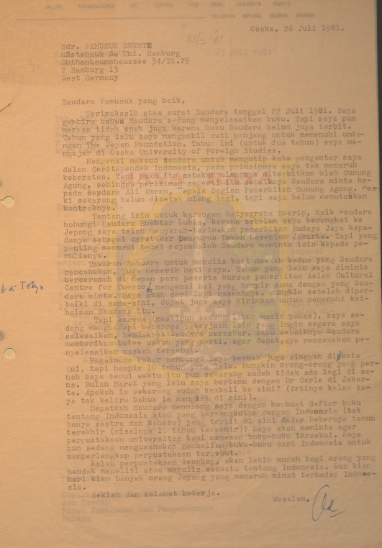 Surat untuk Pamusuk Eneste dari Osaka (26 Juli 1981)