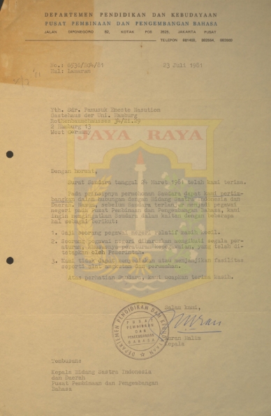 Surat untuk Pamusuk Eneste dari Amran Halim (23 Juli 1981)