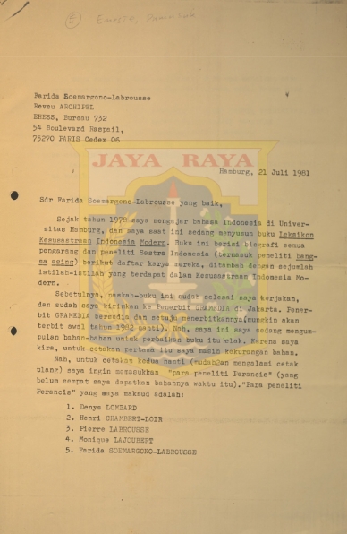 Surat untuk Farida Soemargono dari Pamusuk Eneste (21 Juli 1981)