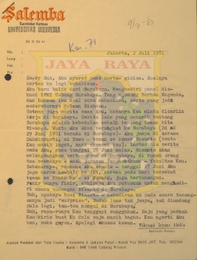 Surat untuk Pamusuk Eneste dari Wikrama Iryans Abidin (2 Juli 1981)