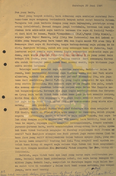 Surat-surat untuk Pamusuk Eneste dari Toti Tjitrawasita (4 Mei & 20 Juni 1981)