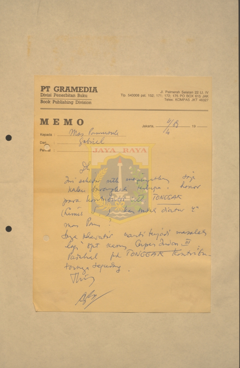 Surat tulisan tangan untuk Pamusuk Eneste dari Gabriel (11 Oktober 1987)