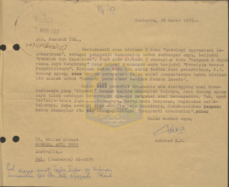 Kumpulan surat untuk Pamusuk Eneste dari Achdiat K.M. tahun 1987
