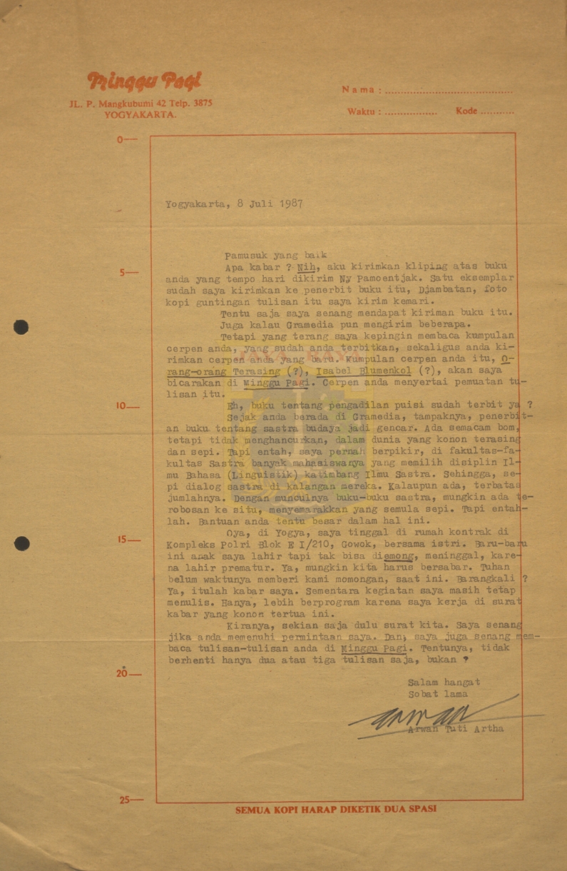 Kumpulan surat untuk Pamusuk Eneste dari Arwan Tuti Artha tahun 1987