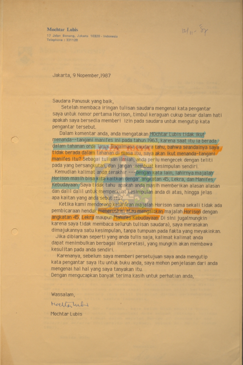 Surat untuk Pamusuk Eneste dari Mochtar Lubis (9 November 1987)