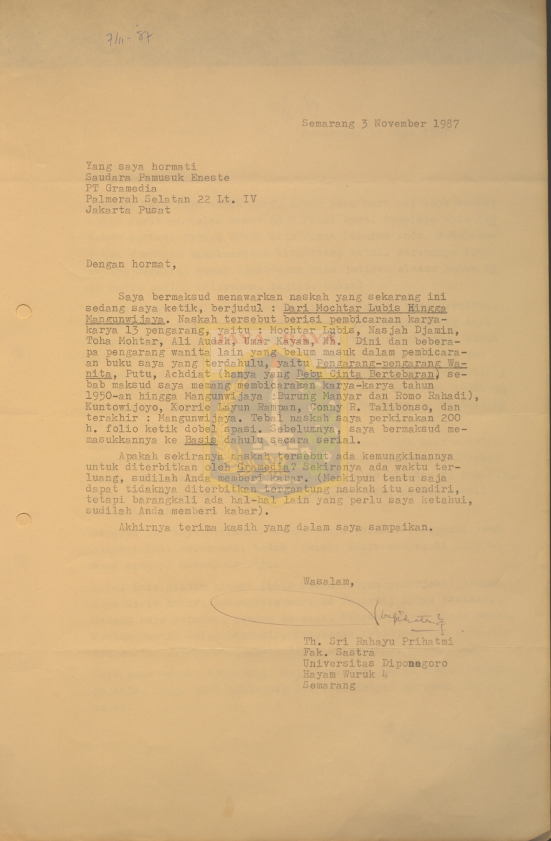 Surat untuk Pamusuk Eneste dari Th. Sri Rahayu Prihatmi (3 November 1987)