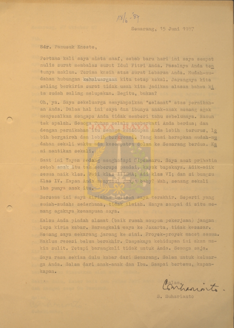 Surat-surat untuk Pamusuk Eneste dari S. Suharianto (15 Juni & 27 Oktober 1987)