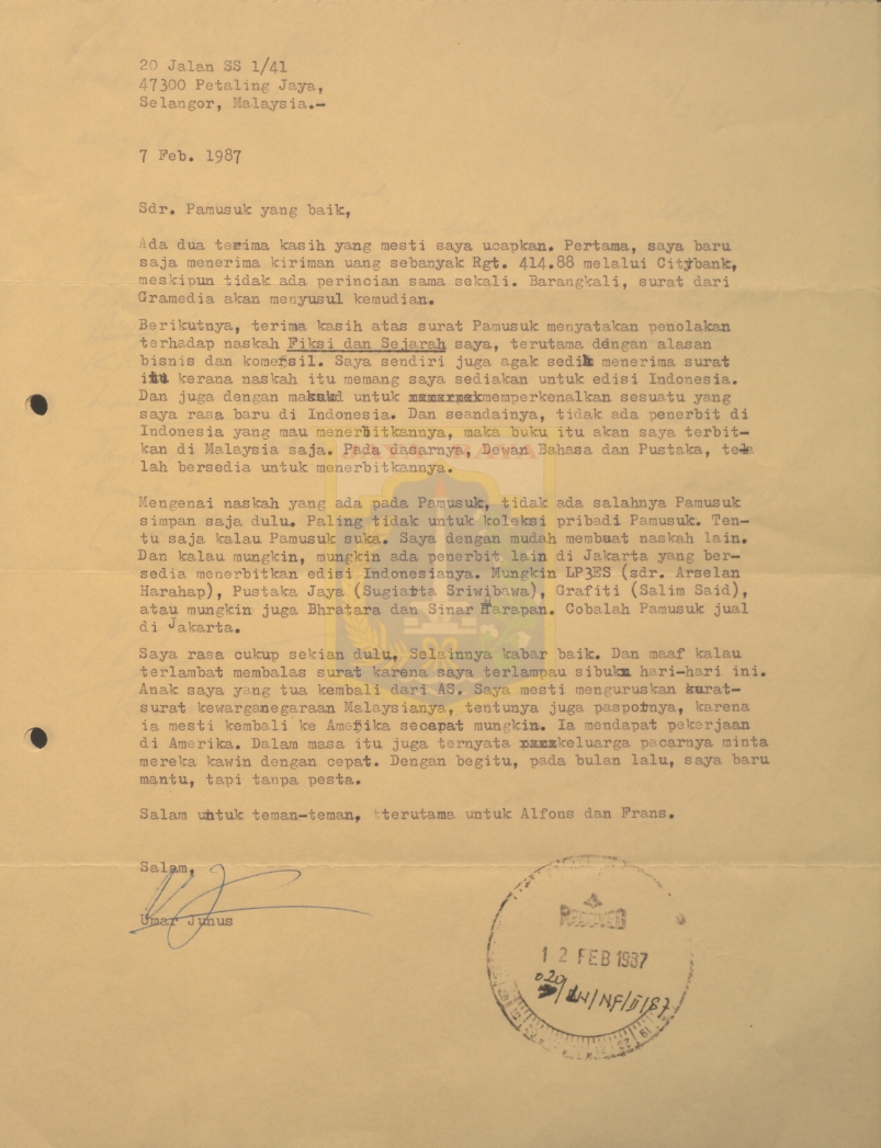 Kumpulan surat untuk Pamusuk Eneste dari Umar Junus tahun 1987