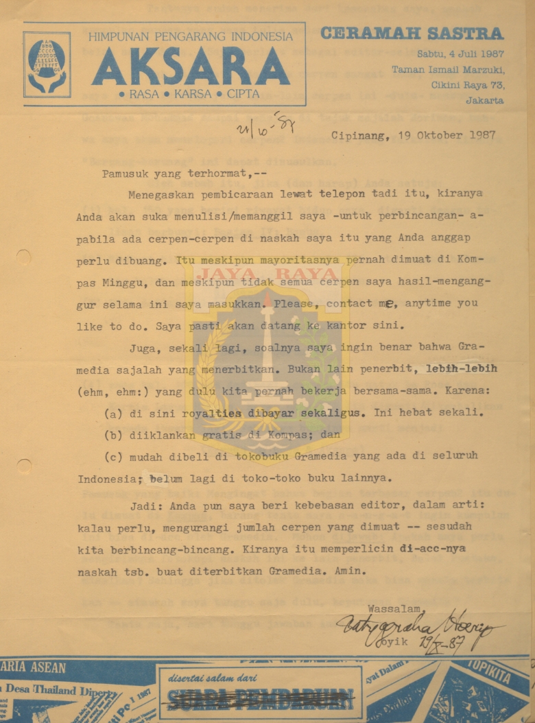 Surat-surat untuk Pamusuk Eneste dari Satyagraha Hoerip (9 & 19 Oktober 1987)