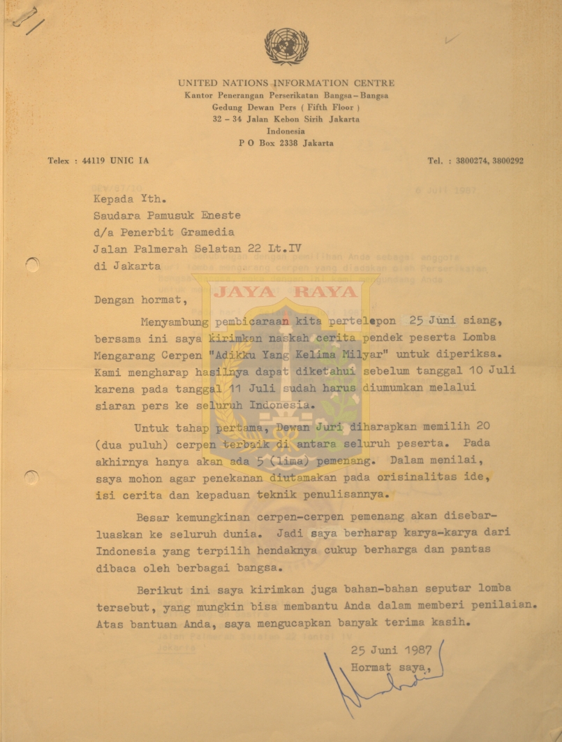 Kumpulan surat untuk Pamusuk Eneste dari Eka Budianta tahun 1987