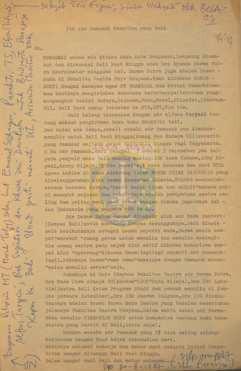 Surat untuk Pamusuk Eneste (30 Agustus 1987)
