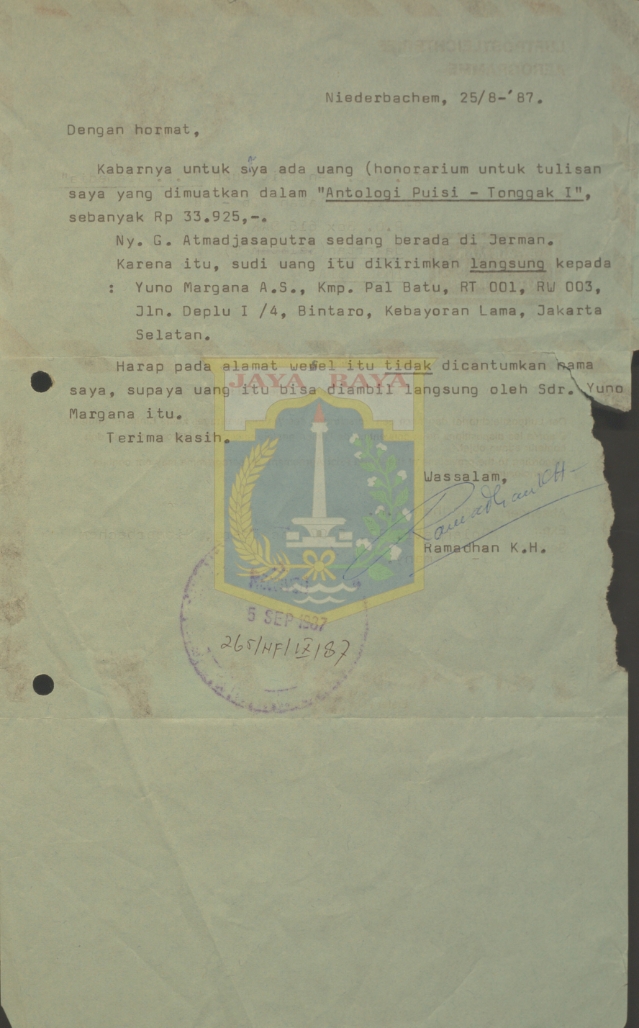 Surat untuk redaktur penerbit buku PT Gramedia dari Ramadhan K.H. (25 Agustus 1987)