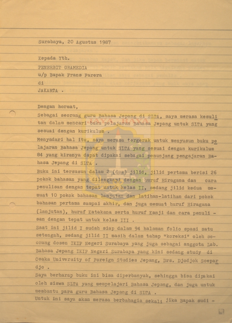 Surat untuk Penerbit Gramedia dari Nuri Arief (20 Agustus 1987)