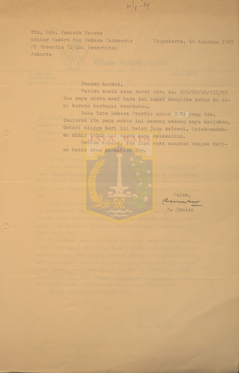 Surat untuk Pamusuk Eneste dari M. Ramlan (18 Agustus 1987)