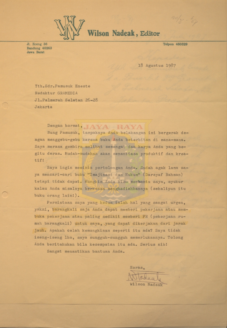 Surat untuk Pamusuk Eneste dari Wilson Nadeak (18 Agustus 1987)