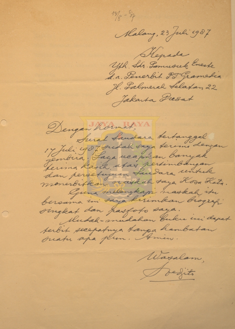Surat untuk Pamusuk Eneste dari Soedjito (23 Juli 1987)