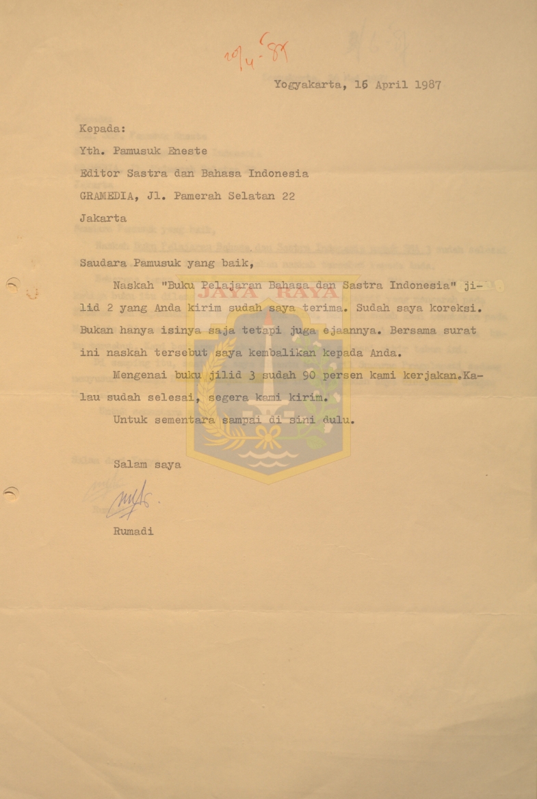 Kumpulan surat untuk Pamusuk Eneste dari Rumadi tahun 1987