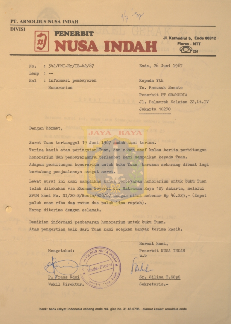 Surat untuk Pamusuk Eneste dari penerbit Nusa Indah (26 Juni 1987)