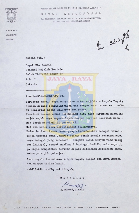 Surat dari S Rahardjo Rais untuk H.B. Jassin