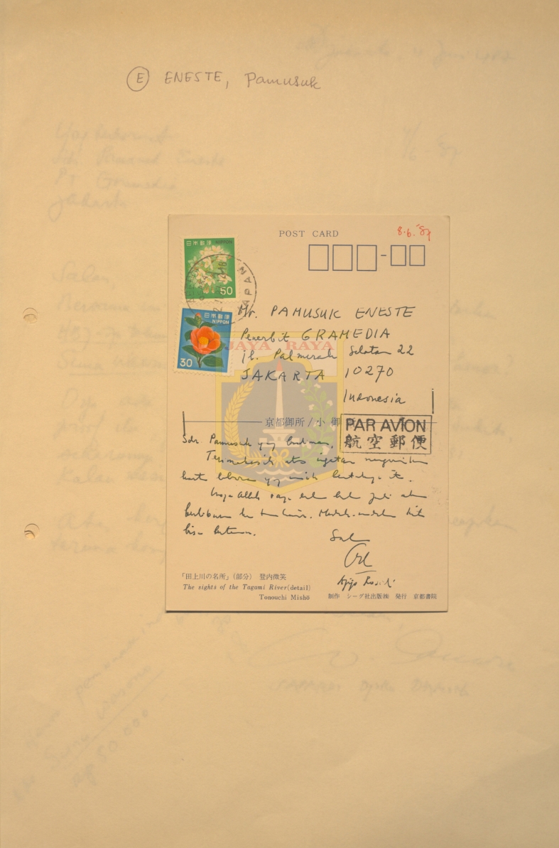 Surat tulisan tangan untuk Pamusuk Eneste dari Ajip Rosidi (8 Juni 1987)
