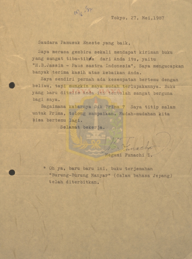 Surat-surat untuk Pamusuk Eneste dari Megumi Funachi I. (27 Mei & 11 Juni 1987)